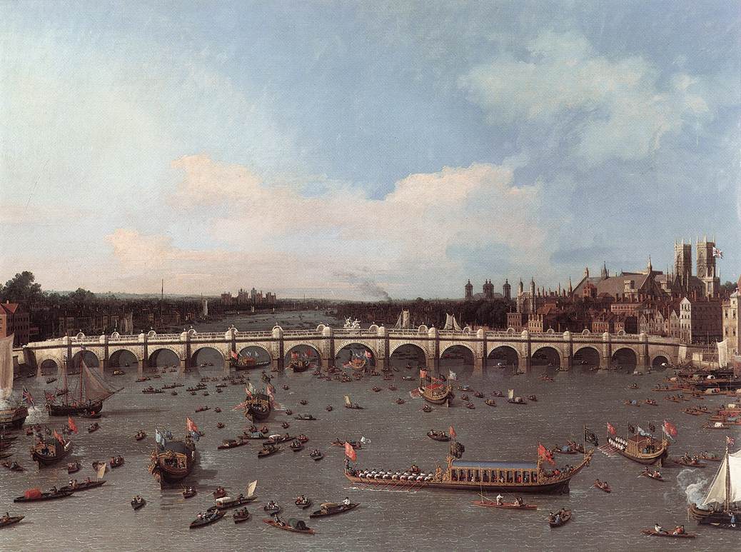 Canaletto, 1697–1768. Westminster Bridge, With the Lord Mayor's Procession On the Thames. 1747.