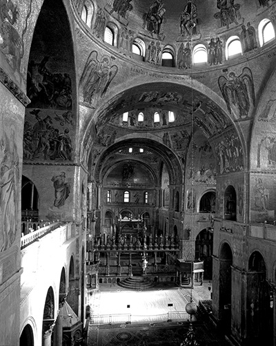 The interior of San Marco in Venice, with some of numerous galleries from which musicians performed, often in dialogue.