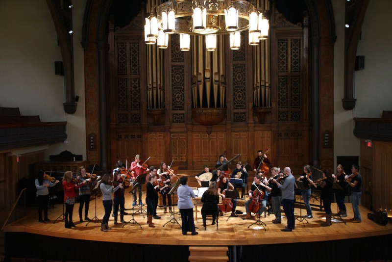 The participants of the 2017 Tafelmusik Winter Institute on stage in Jeanne Lamon Hall.