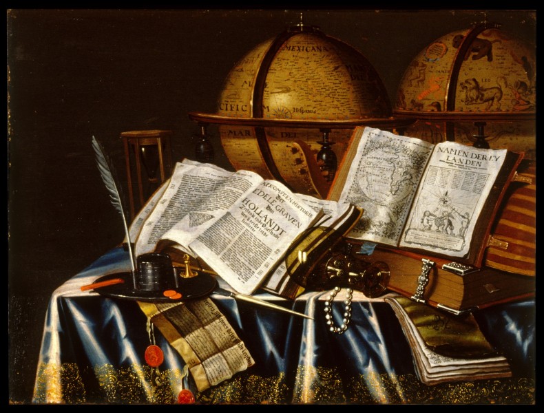 A dark still-life painting of books and globes in messy piles on a table.