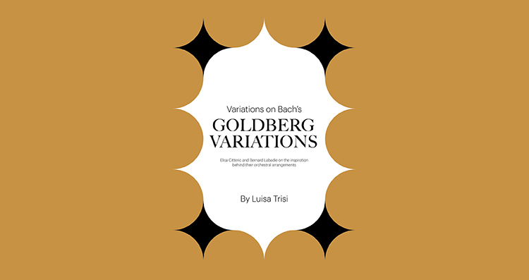 Gold banner with ornate black and white diamonds with the words Variations on Bach’s Goldberg Variations by Luisa Trisi.
