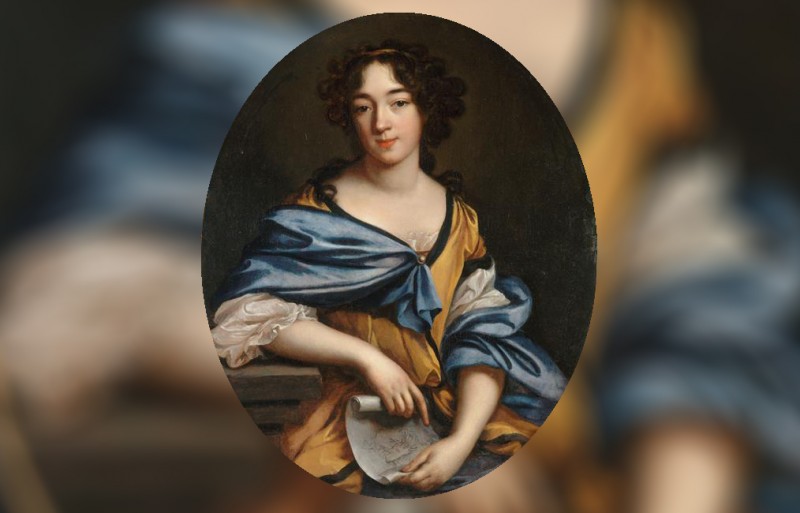 Self-Portrait by Elisabeth-Sophie Chéron, 1672. A woman looking directly back the viewer while wearing a blue and gold dress while holding a piece of paper.