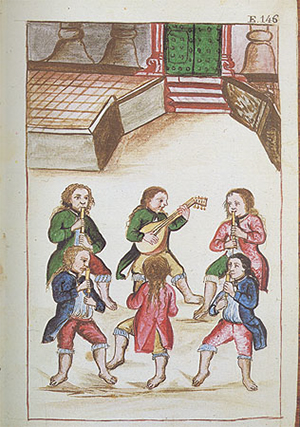 Yden de Carnestolendas: a watercolor from the Codex Trujillo, or Codex Martinez Compañon, depicting six men playing wind instruments and a lute while walking in a circle. Courtesy of Alcalá Subasta