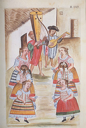Ydem de Pallas: a watercolor from the Codex Trujillo, or Codex Martinez Compañon, depicting two men playing instruemnts while six women dance. Courtesy of Alcalá Subasta
