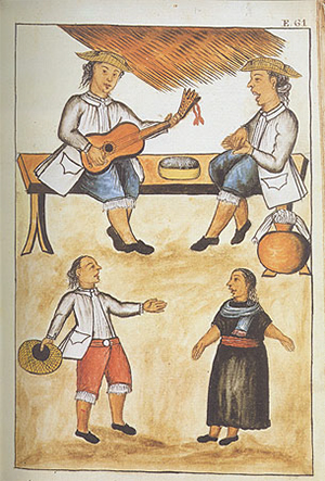 Yndios dancing in the Patio de la Chichería: a watercolor from the Codex Trujillo, or Codex Martinez Compañon, depicting a man playing the guitar while two men and a woman listen. Courtesy of Alcalá Subasta