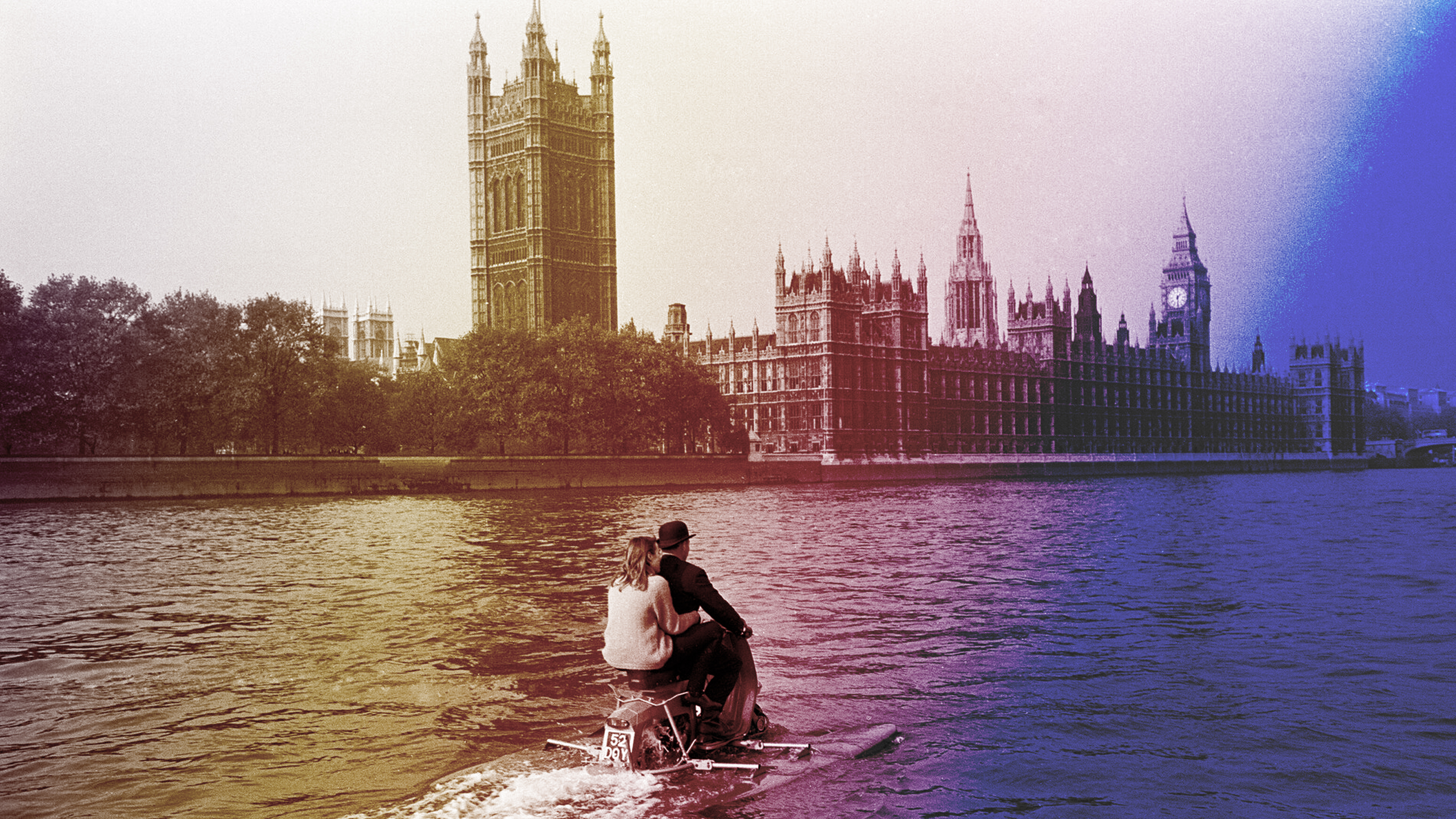 Image for Mods & Rockers: Haus Musik. Two people on a small bicycle boat on the Thames in front of the British house of parliament