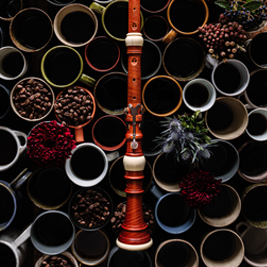 An image of random colourful mugs with a few of them filled with coffee beans and a bassoon placed on them vertically