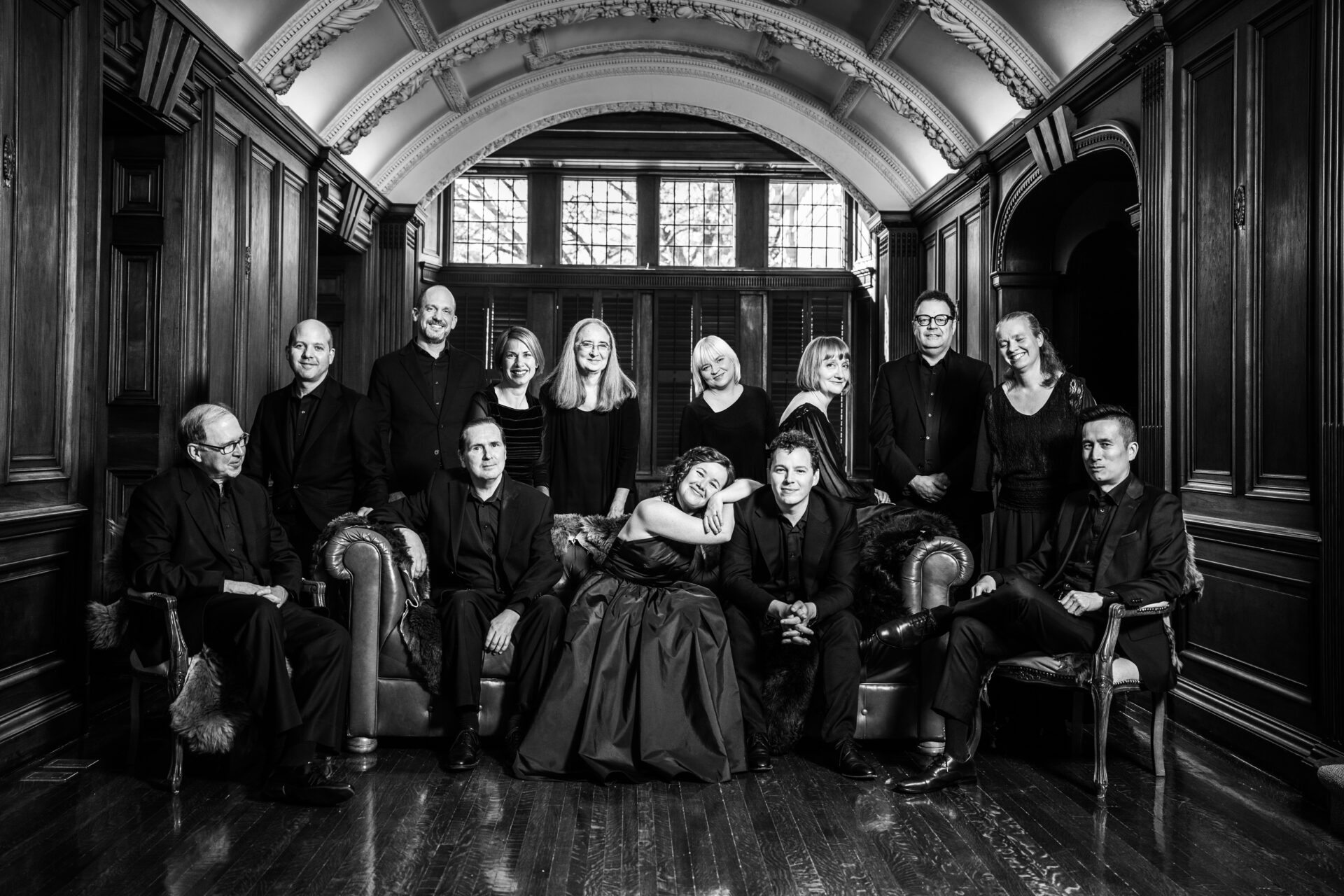 A black and white image of Tafelmusik artists