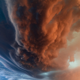 The setting sun illuminates a swirling red storm cloud against a blue and yellow sky.